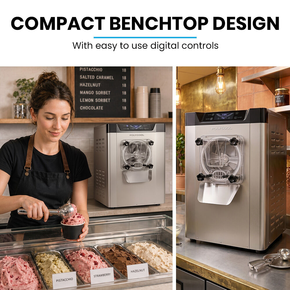 Commercial 4L Benchtop Hard Ice Cream and Gelato Machine, 16L/hr output, 1400W, Stainless Steel, Digital Control Panel