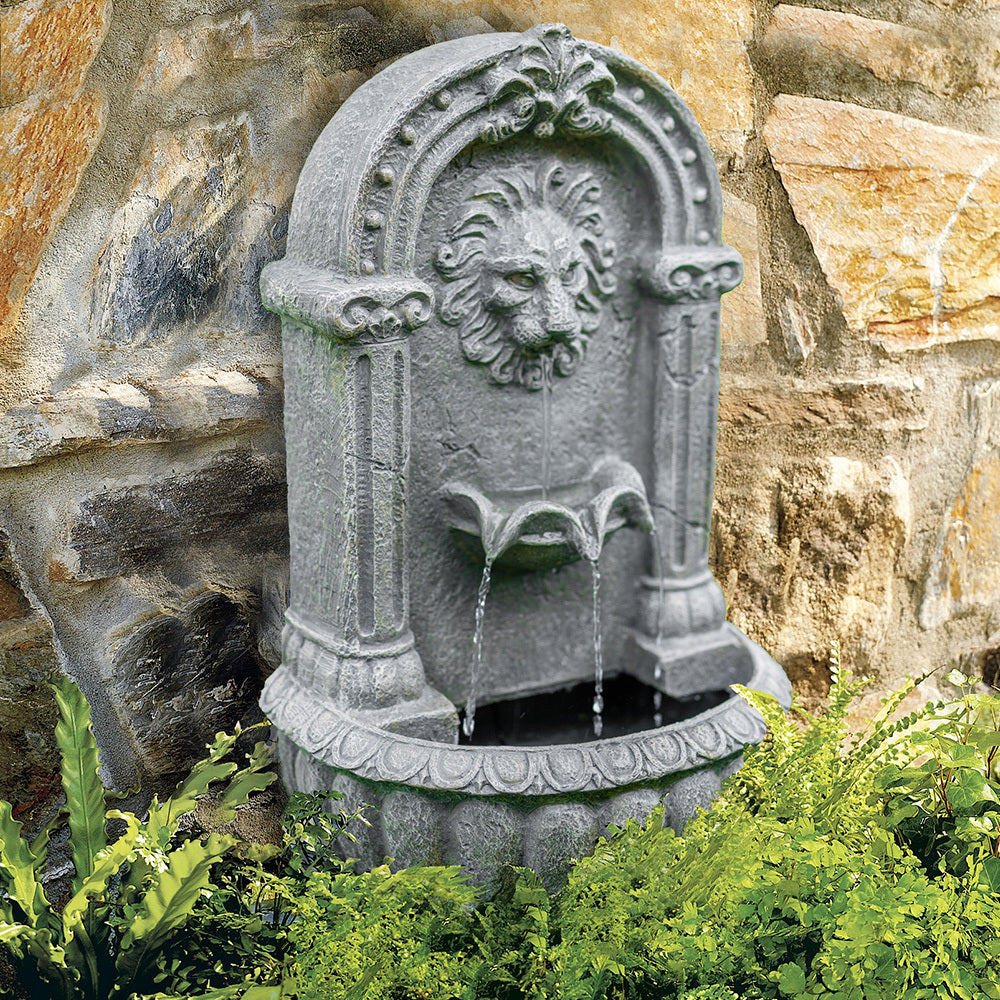 Lion Head Solar Water Fountain with LED Lights, Weatherproof Polyresin Design