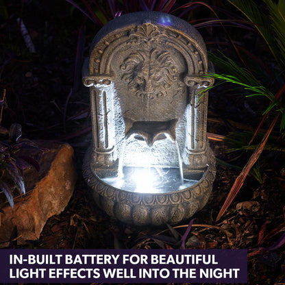Lion Head Solar Water Fountain with LED Lights, Weatherproof Polyresin Design