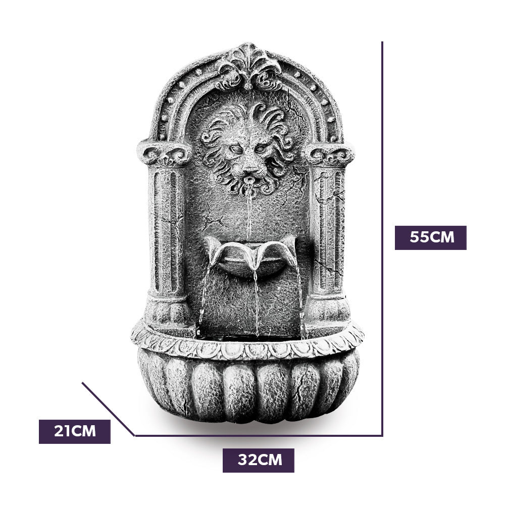 Lion Head Solar Water Fountain with LED Lights, Weatherproof Polyresin Design