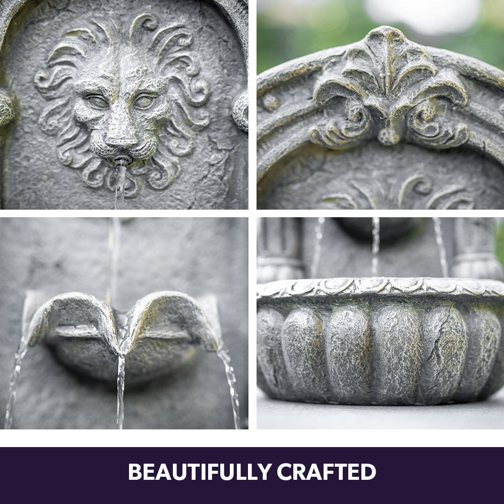Lion Head Solar Water Fountain with LED Lights, Weatherproof Polyresin Design