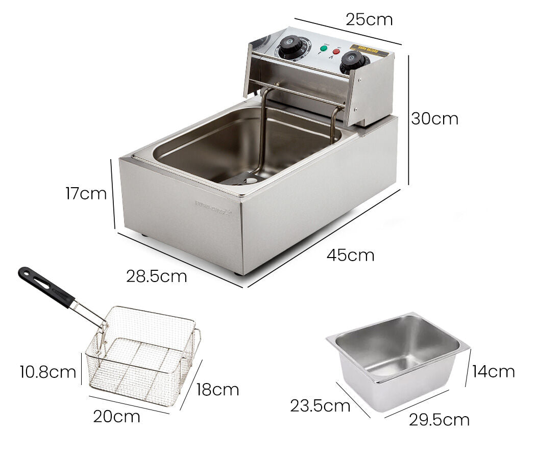 Commercial Electric Deep Fryer with 10L Basket and 3kW Heater, Stainless Steel