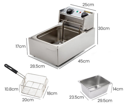 Commercial Electric Deep Fryer with 10L Basket and 3kW Heater, Stainless Steel