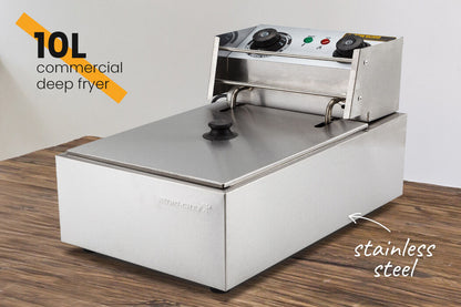 Commercial Electric Deep Fryer with 10L Basket and 3kW Heater, Stainless Steel