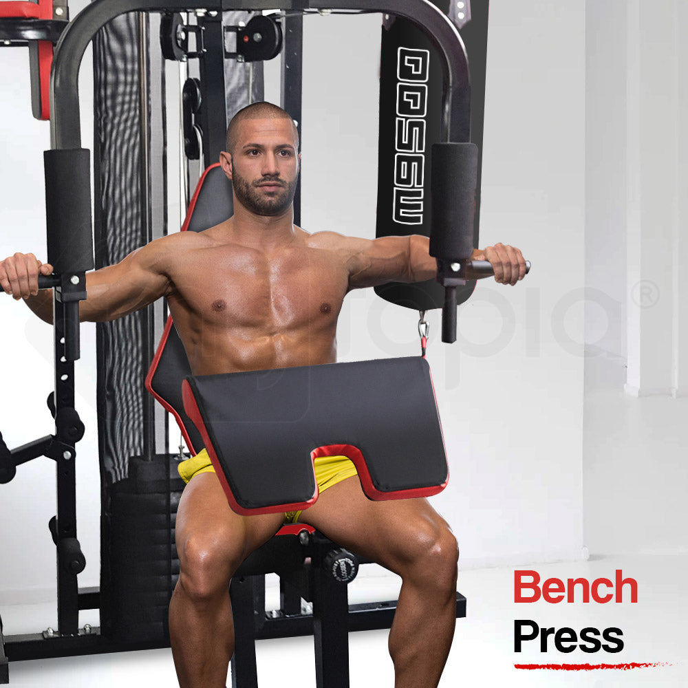 Red Multi Station Home Gym Set with 100lbs Plates & Boxing Bag- M9500