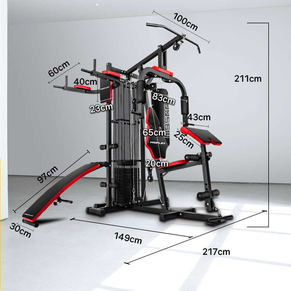 Red Multi Station Home Gym Set with 125lbs Plates & Boxing Bag- M9500