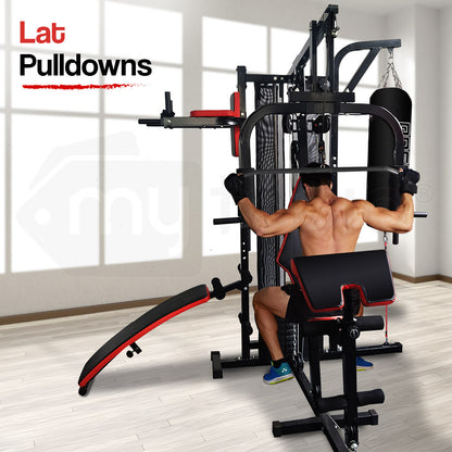 Red Multi Station Home Gym Set with 148lbs Plates & Boxing Bag- M9500