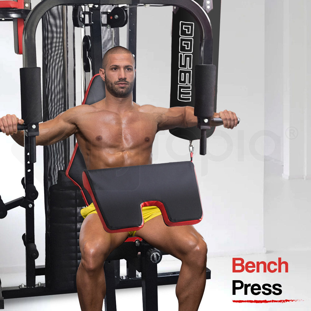 Red Multi Station Home Gym Set with 148lbs Plates & Boxing Bag- M9500