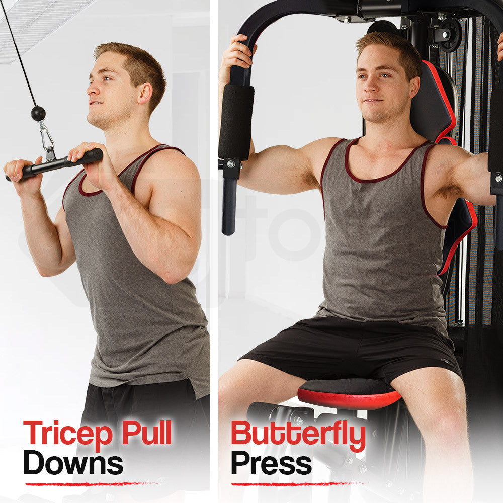 Red Multi Station Home Gym Set with 148lbs Plates & Boxing Bag- M9500