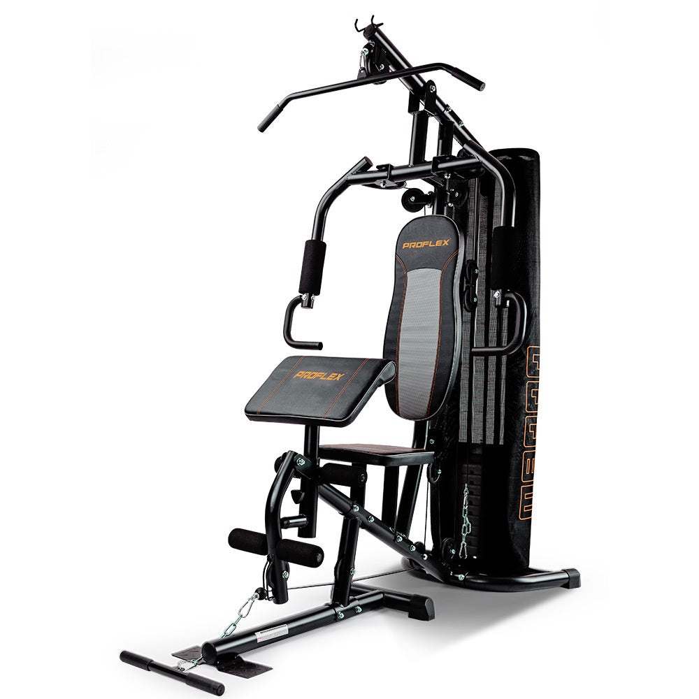 Multi-Station Home Gym with Adjustable Weights and Cushioned Supports