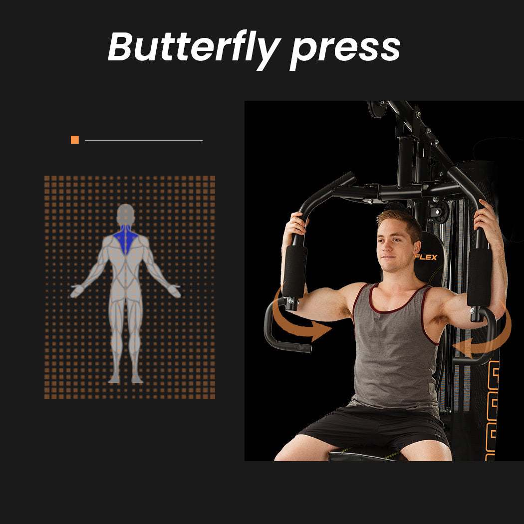 Multi-Station Home Gym with Adjustable Weights and Cushioned Supports