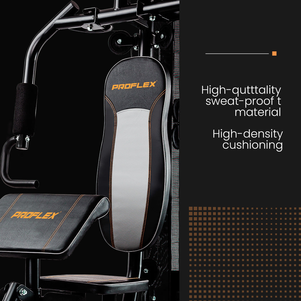 Multi-Station Home Gym with Adjustable Weights and Cushioned Supports