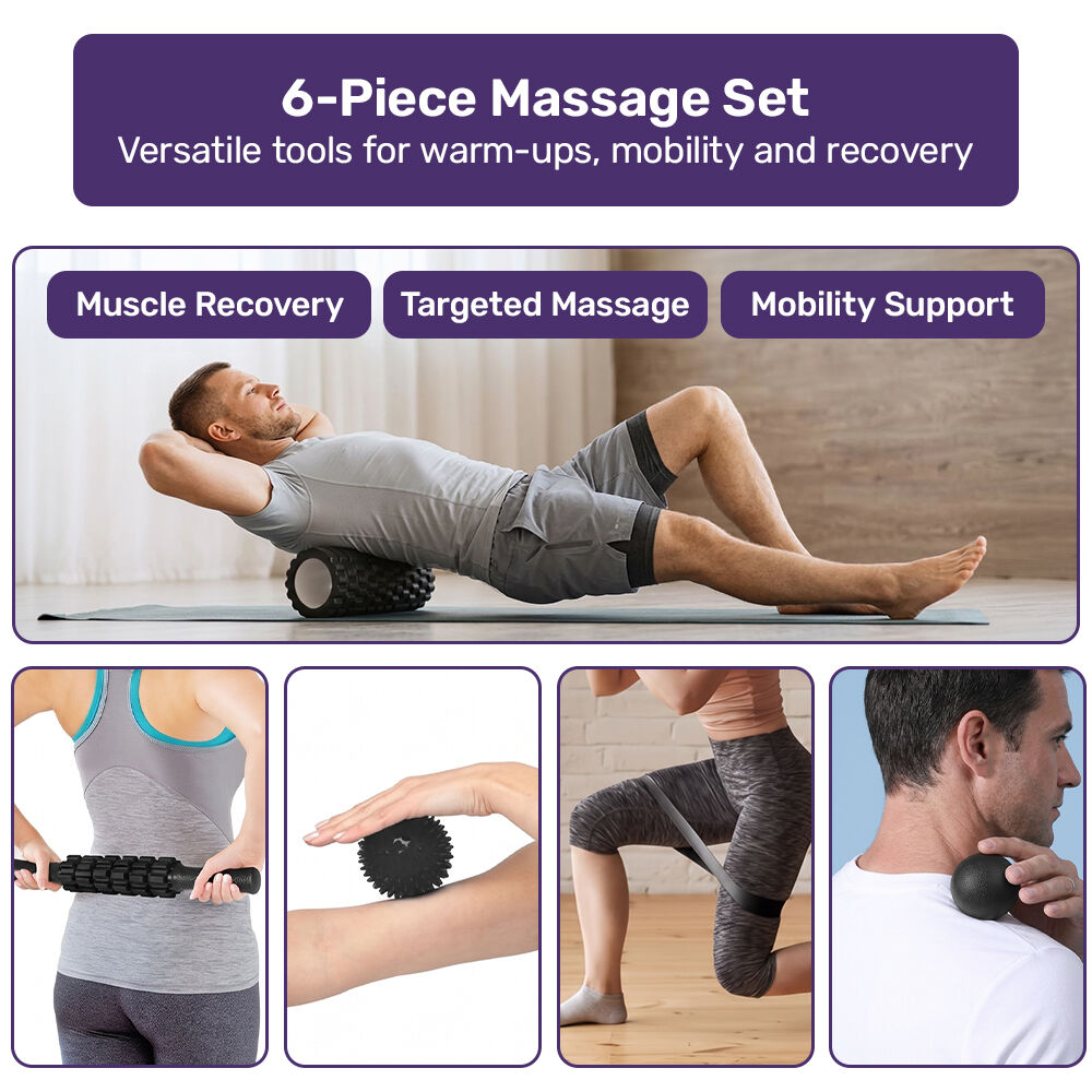 6-Piece Foam Roller & Massage Set with Massage Stick, Balls, Stretching Band & Carry Bag, Black