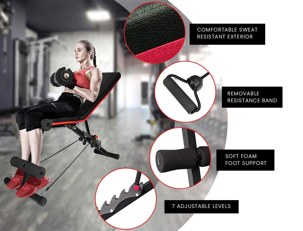 Adjustable 6-in-1 Weight Bench with Resistance Bands, 7 Levels, 150kg Capacity