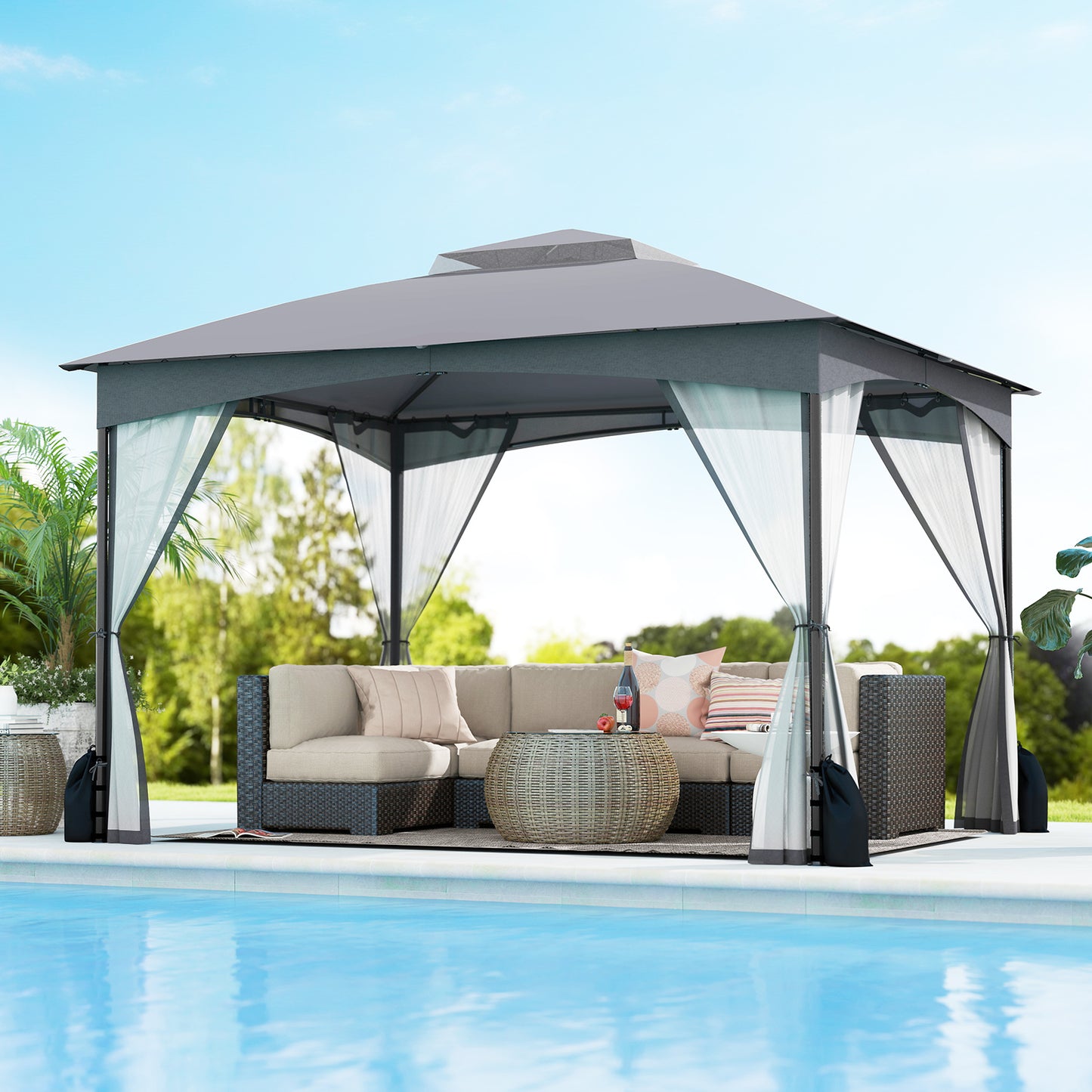 10 X 12 FT Patio Gazebo with Netting Walls with 4 Sandbags-Grey