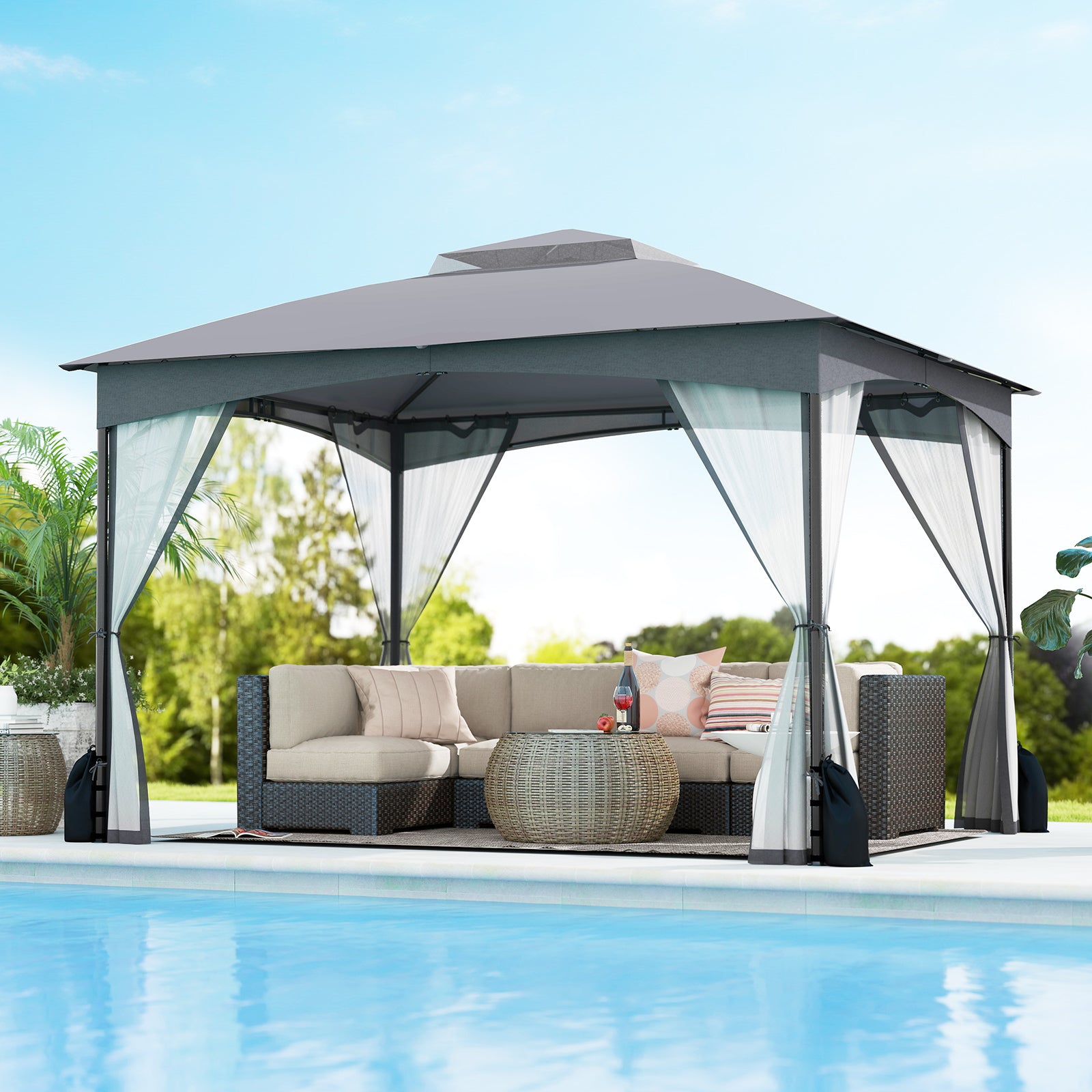 10 X 12 FT Patio Gazebo with Netting Walls with 4 Sandbags-Grey
