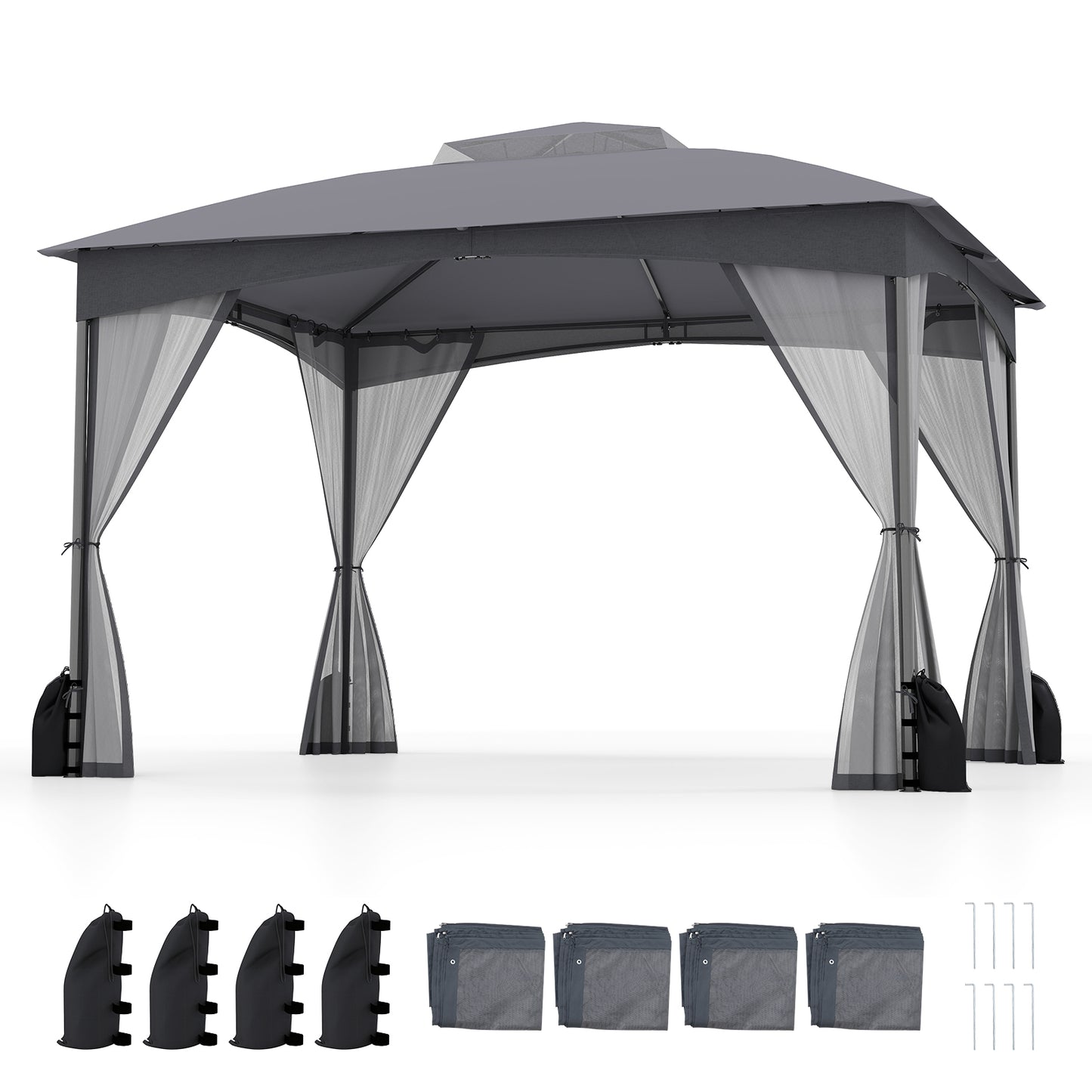 10 X 12 FT Patio Gazebo with Netting Walls with 4 Sandbags-Grey