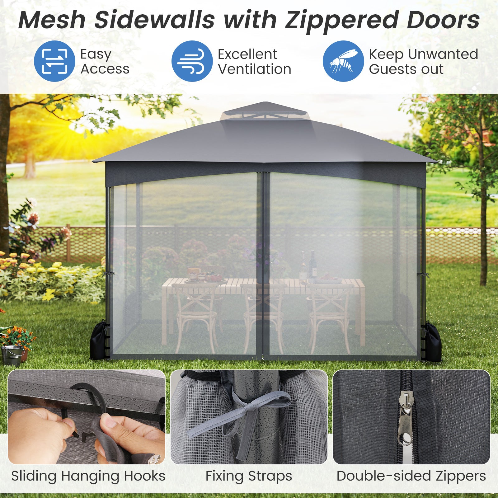 10 X 12 FT Patio Gazebo with Netting Walls with 4 Sandbags-Grey