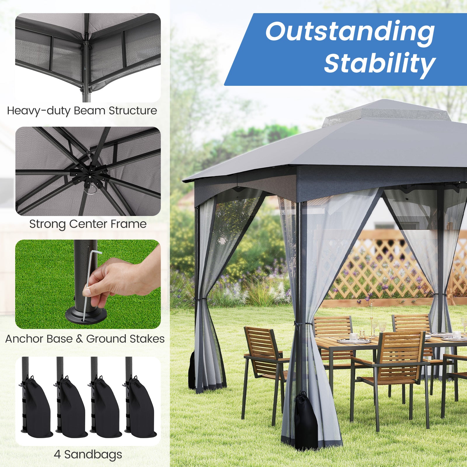 10 X 12 FT Patio Gazebo with Netting Walls with 4 Sandbags-Grey