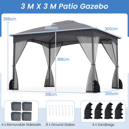 10 X 12 FT Patio Gazebo with Netting Walls with 4 Sandbags-Grey