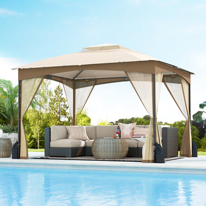 10 X 12 FT Patio Gazebo with Netting Walls with 4 Sandbags-Brown