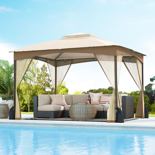 10 X 12 FT Patio Gazebo with Netting Walls with 4 Sandbags-Brown