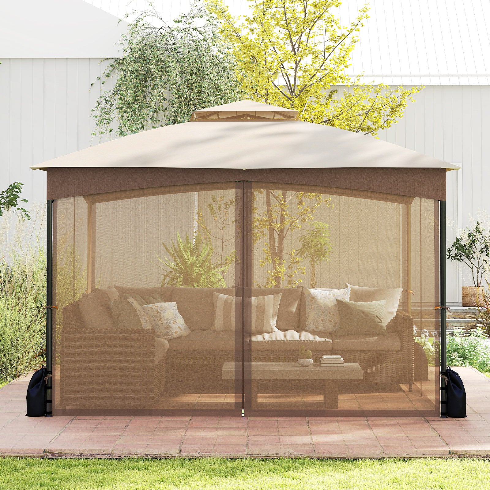 10 X 12 FT Patio Gazebo with Netting Walls with 4 Sandbags-Brown