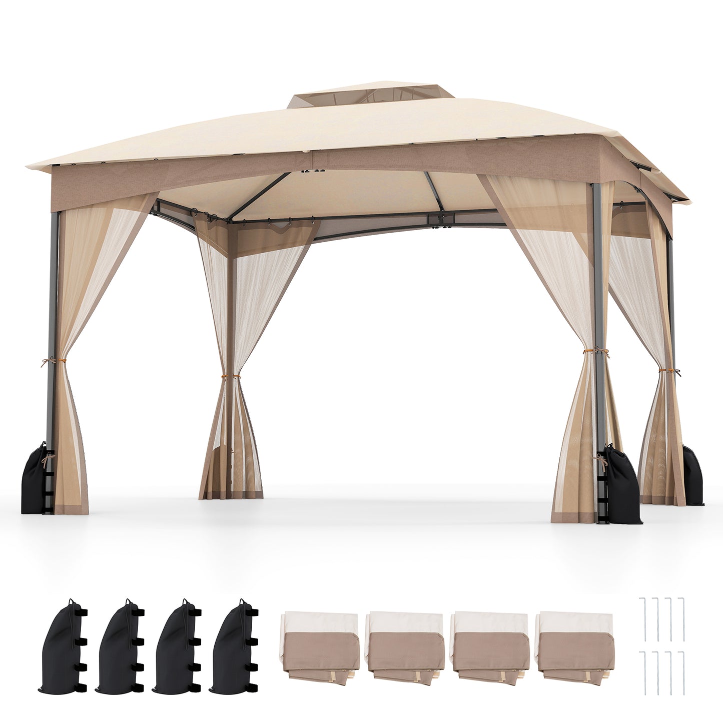 10 X 12 FT Patio Gazebo with Netting Walls with 4 Sandbags-Brown