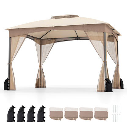 10 X 12 FT Patio Gazebo with Netting Walls with 4 Sandbags-Brown