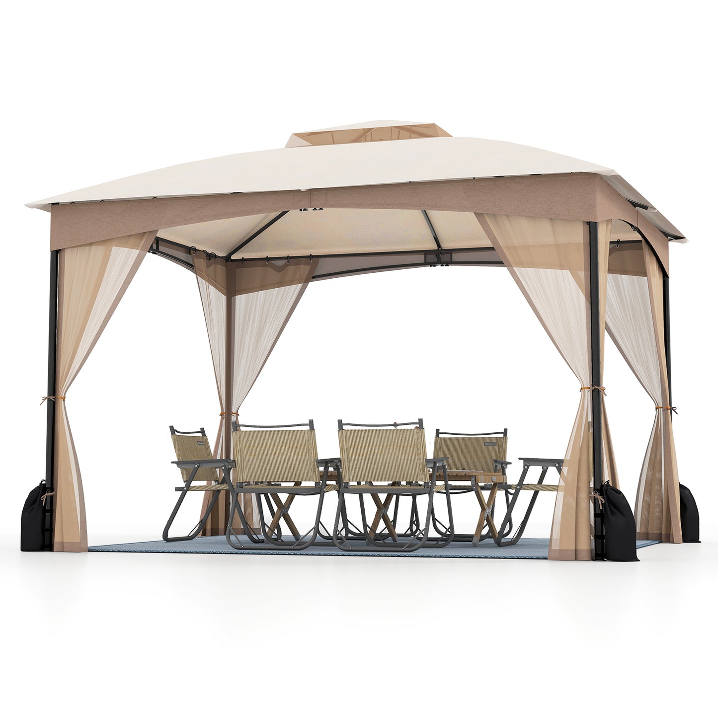 10 X 12 FT Patio Gazebo with Netting Walls with 4 Sandbags-Brown