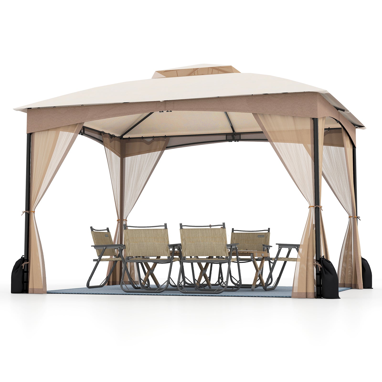 10 X 12 FT Patio Gazebo with Netting Walls with 4 Sandbags-Brown