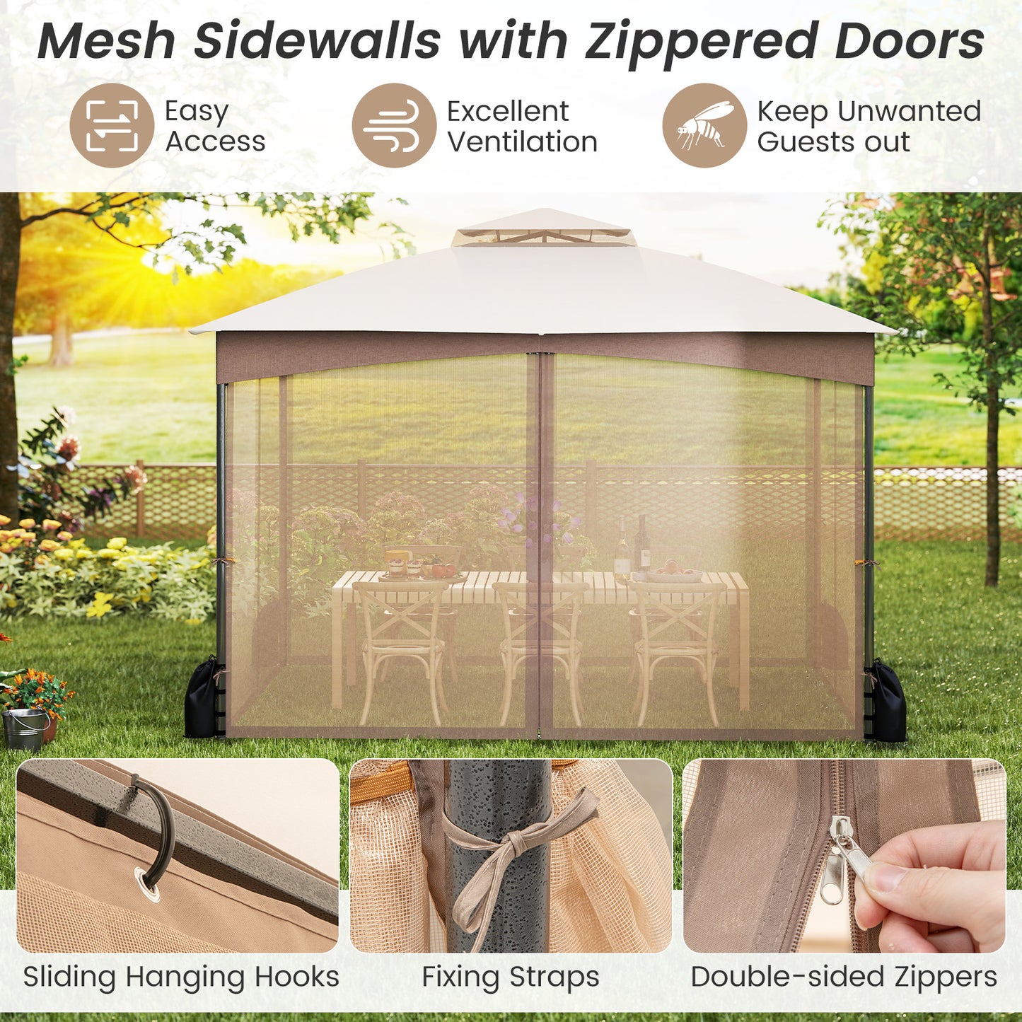 10 X 12 FT Patio Gazebo with Netting Walls with 4 Sandbags-Brown