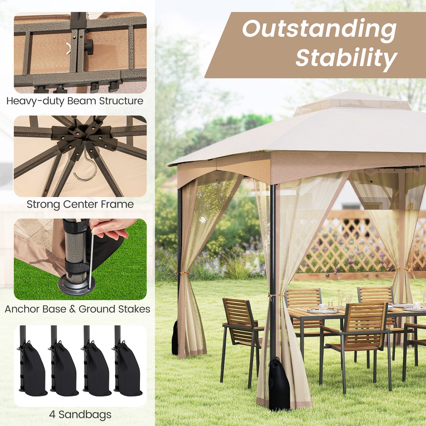 10 X 12 FT Patio Gazebo with Netting Walls with 4 Sandbags-Brown