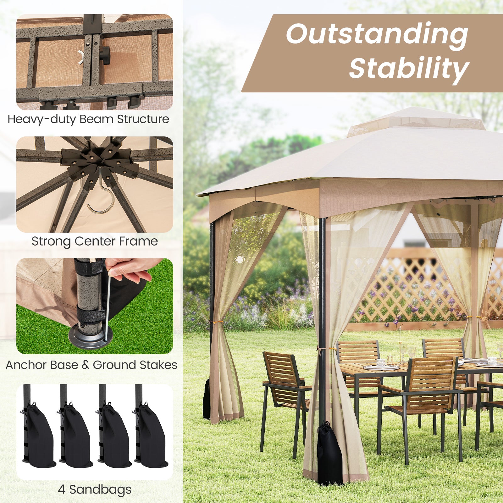 10 X 12 FT Patio Gazebo with Netting Walls with 4 Sandbags-Brown