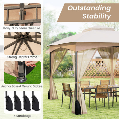 10 X 12 FT Patio Gazebo with Netting Walls with 4 Sandbags-Brown