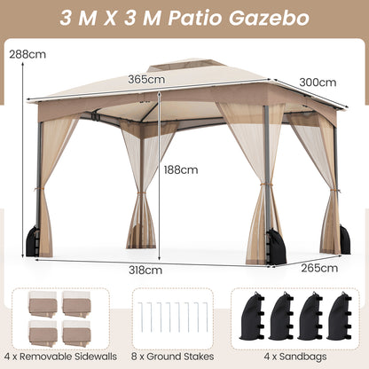 10 X 12 FT Patio Gazebo with Netting Walls with 4 Sandbags-Brown