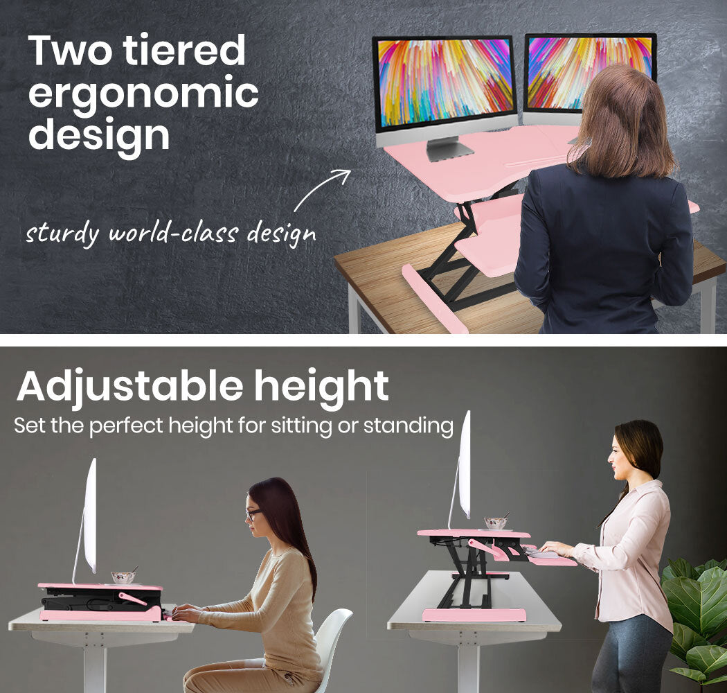 Adjustable Dual Monitor Sit-Stand Desk Riser, 0.77m Wide, 15kg Capacity, Pink