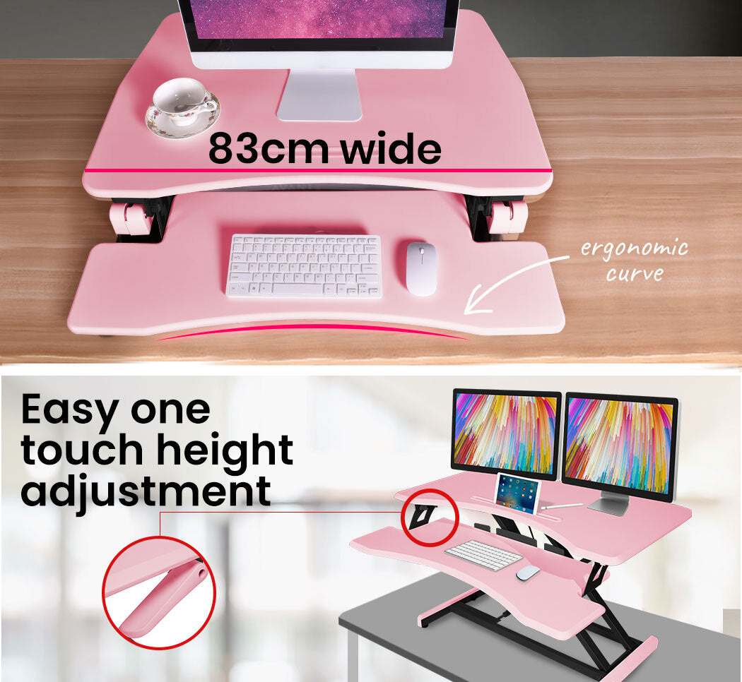 Adjustable Dual Monitor Sit-Stand Desk Riser, 0.77m Wide, 15kg Capacity, Pink