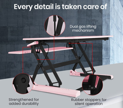 Adjustable Pink Sit-Stand Desk Riser, 0.9m Wide for Dual Monitors & Laptop