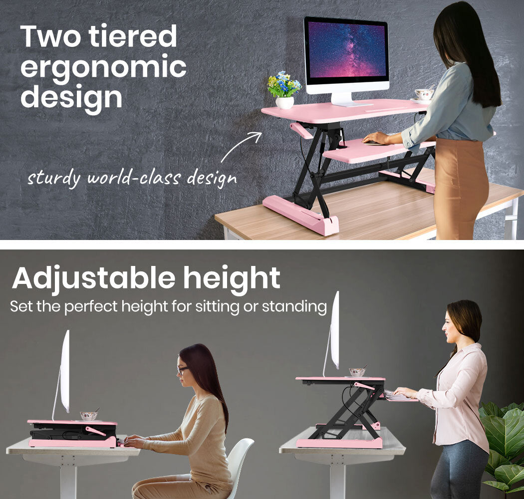 Adjustable Pink Sit-Stand Desk Riser, 0.9m Wide for Dual Monitors & Laptop