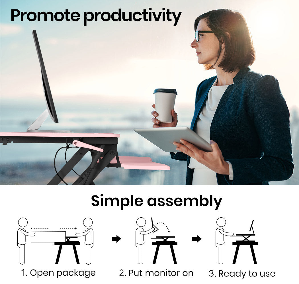 Adjustable Pink Sit-Stand Desk Riser, 0.9m Wide for Dual Monitors & Laptop