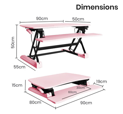 Adjustable Pink Sit-Stand Desk Riser, 0.9m Wide for Dual Monitors & Laptop