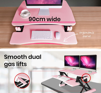 Adjustable Pink Sit-Stand Desk Riser, 0.9m Wide for Dual Monitors & Laptop