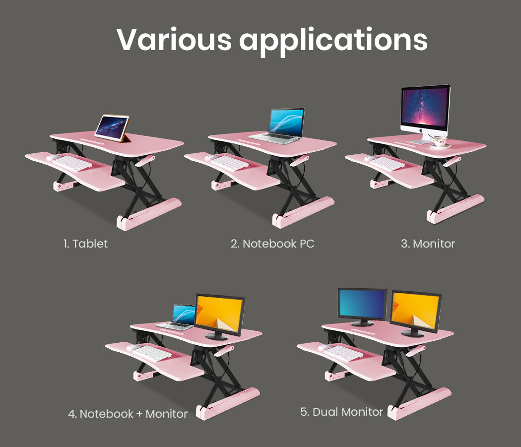 Adjustable Pink Sit-Stand Desk Riser, 0.9m Wide for Dual Monitors & Laptop