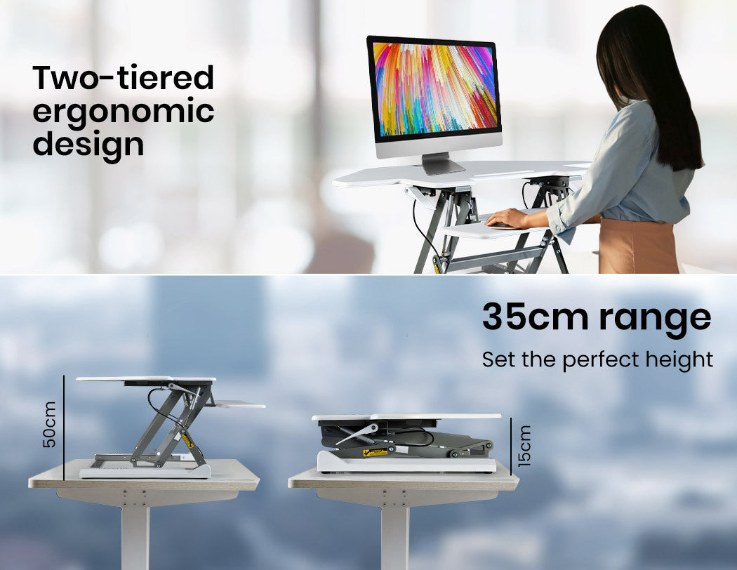 Corner Desk Riser 1.1m Wide, Adjustable Sit-Stand for Dual Monitors, White
