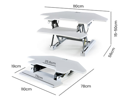 Corner Desk Riser 1.1m Wide, Adjustable Sit-Stand for Dual Monitors, White