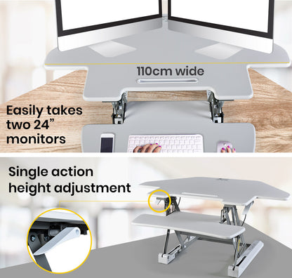 Corner Desk Riser 1.1m Wide, Adjustable Sit-Stand for Dual Monitors, White