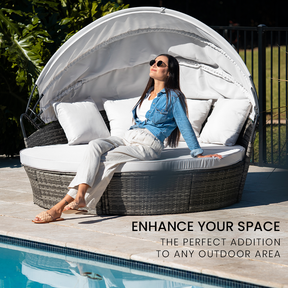 3pc Outdoor Day Bed with Adjustable Canopy, Grey Wicker - Noosa Heads Collection