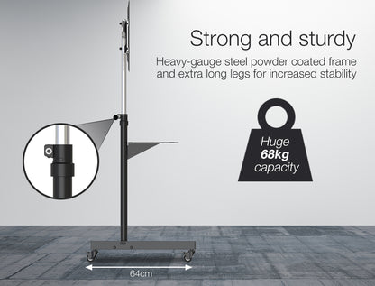 Adjustable Mobile TV Stand for 0.94-1.78m Screens, Holds 68kg, with Glass Tray