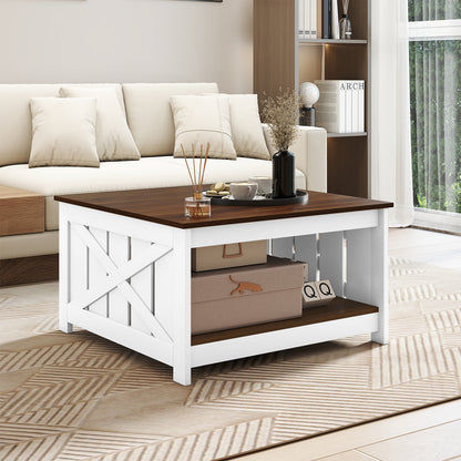Farmhouse Coffee Table 78cm Square Coffee Table with Storage Shelf-White